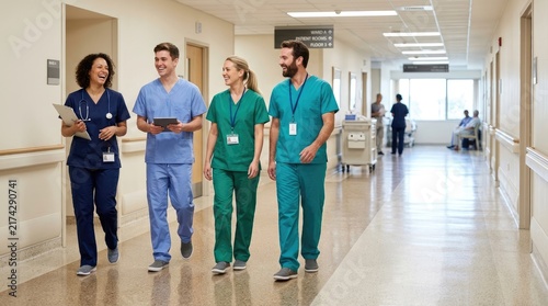 Four healthcare professionals walk down a hospital hallway. A male doctor, a female nurse, a female physician, and a male physician are smiling and holding tablets.