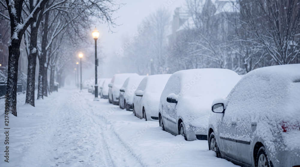 Naklejka premium Snow-covered cars lining a city street during a heavy winter snowfall.
