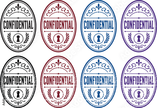 Oval confidential stamps designed with elegant vintage filigree patterns and keyhole icons for security