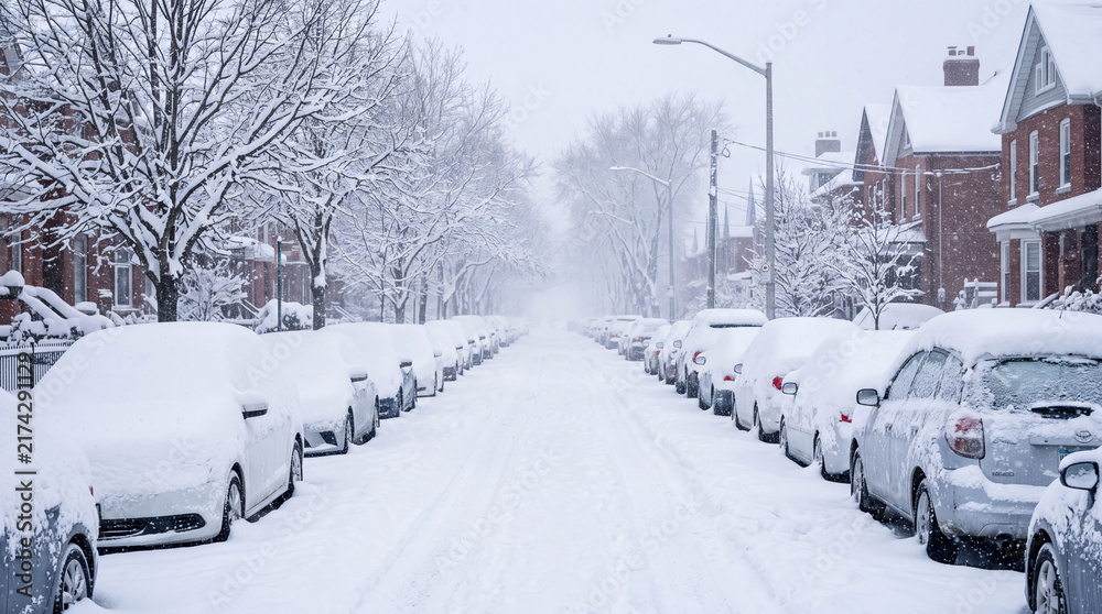 Naklejka premium Snow-covered residential street lined with parked cars, houses, and trees during a heavy winter snowfall.