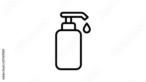 Soap dispenser bottle with falling drop black outline icon on background.