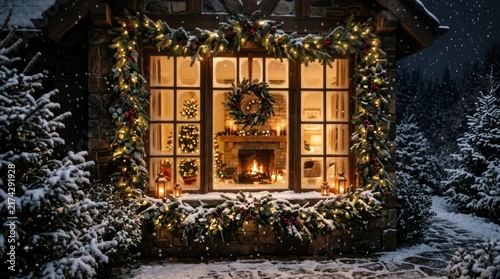 Cozy Christmas Window with Fireplace and Snow Covered Trees.