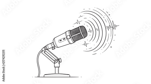 Professional studio microphone with sound waves, podcast recording equipment vector, radio broadcast mic on stand, audio streaming icon