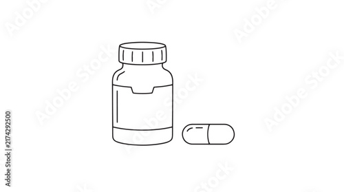 Minimalist medicine bottle and pill capsule line icon, pharmaceutical supplement container vector, medical healthcare symbol on white background