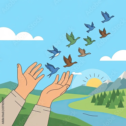 Hands releasing birds into nature landscape