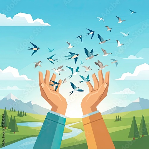 Hands releasing a flock of birds into nature