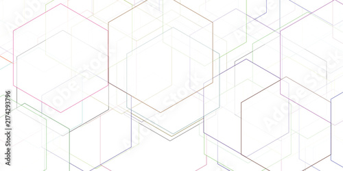 Overlapping transparent geometric hexagons in various pastel colors on a white background Keywords: abstract, background, border, colorful, construction, design, element, geometric, geometry