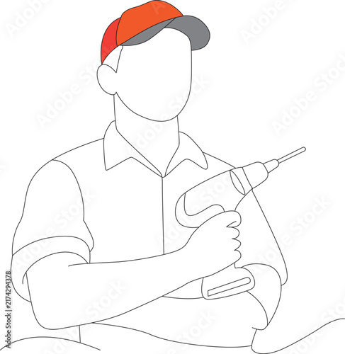 Construction worker holding a power drill line art illustration