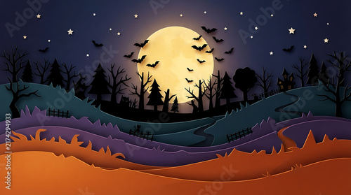 Halloween night landscape with full moon bats and haunted houses for spooky celebrations and decorations.
