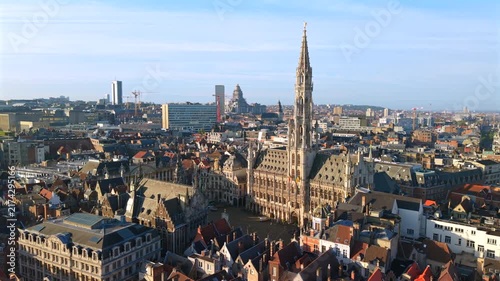 Aerial of Grote Markt and town hall during sunrise Brussels city, Belgium