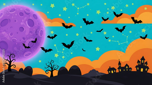 Halloween night landscape with purple moon, bats, spooky castle and colorful clouds.