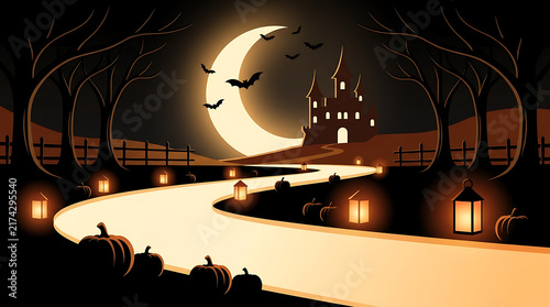 Halloween night road with pumpkins lanterns leading to haunted castle and moon, spooky path.