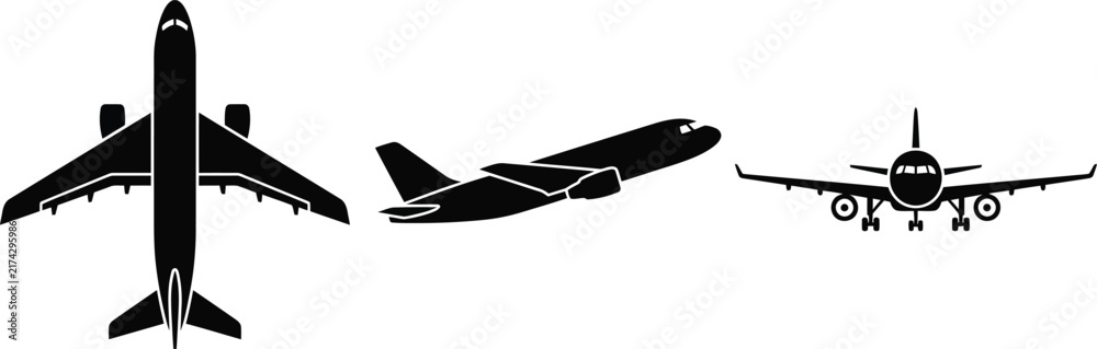 Obraz premium Airplane Silhouette Set Top Front Side View Flight Vector Icons