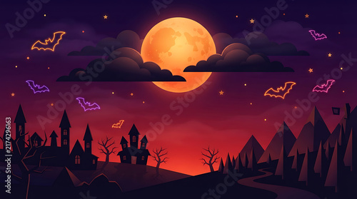 Halloween night scene with large orange moon, haunted castles, spooky trees, glowing bats, and red sky.