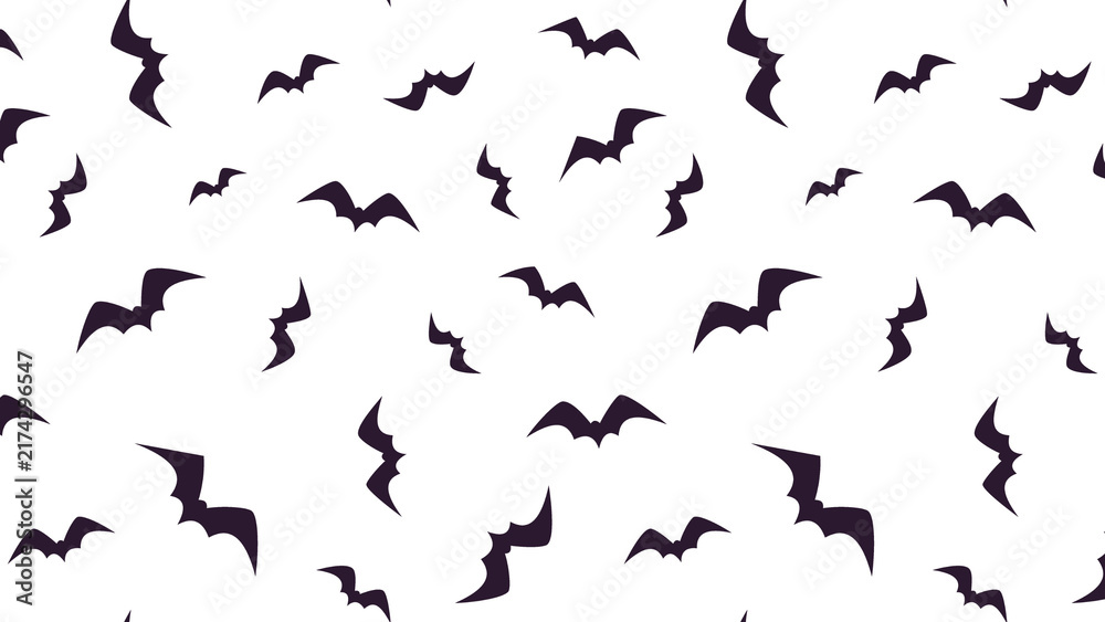 Fototapeta premium Minimalist Halloween bats seamless pattern, black flying bat silhouettes on white background, spooky holiday wallpaper for wrapping paper
