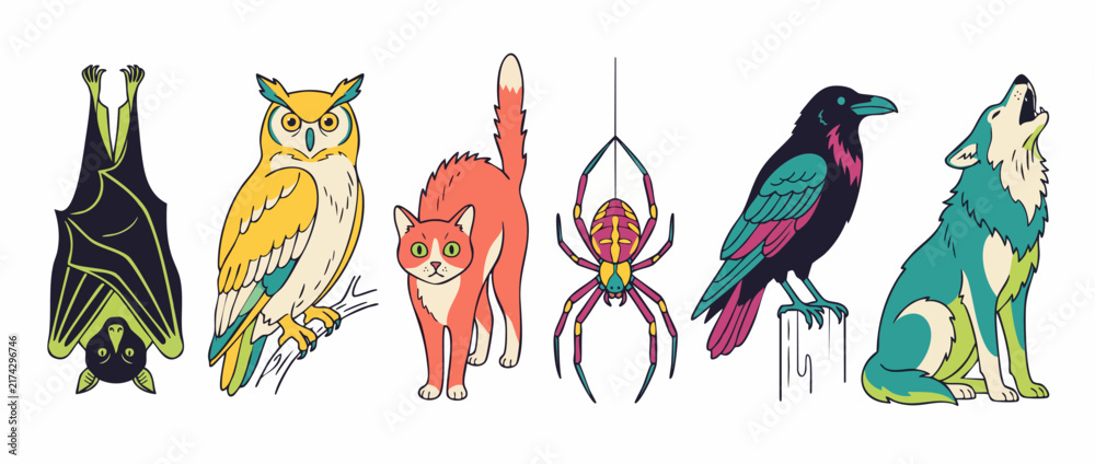 Naklejka premium Halloween animals vector illustration set featuring bat, owl, cat, spider, raven, and howling wolf isolated on white background for spooky autumn seasonal holiday design, graphic icons, art.