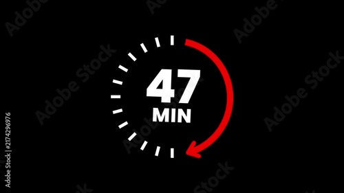 Countdown timer icons for 47 minutes in circular arrow animation. circle arrow refresh icon with 47 min timer icon animation. Timer 47 minutes countdown clock with circular arrow. 4k video