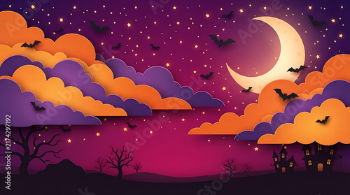 Halloween night sky with crescent moon and clouds, flying bats and spooky trees for holiday celebrations.