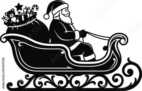 Santa Claus Sleigh with Christmas Gifts Decorative Black Silhouette.