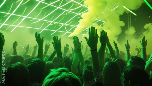 Thick green smoke and neon lime laser lines fill a concert arena above a festive crowd. Electronic music rave festival, modern nightlife entertainment show.