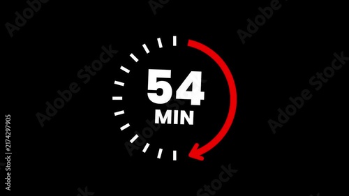 Countdown timer icons for 54 minutes in circular arrow animation. circle arrow refresh icon with 54 min timer icon animation. Timer 54 minutes countdown clock with circular arrow. 4k video