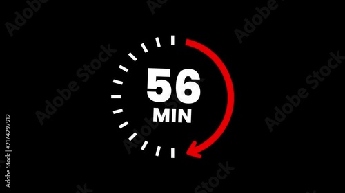 Countdown timer icons for 56 minutes in circular arrow animation. circle arrow refresh icon with 56 min timer icon animation. Timer 56 minutes countdown clock with circular arrow. 4k video