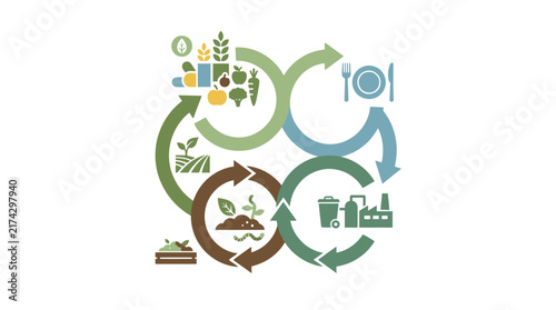 Vector icons for Food Loss & Waste Intelligence & Circular Management, showcasing data analytics, environmental sustainability, recycling, and resource optimization solutions