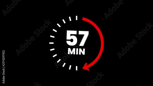 Countdown timer icons for 57 minutes in circular arrow animation. circle arrow refresh icon with 57 min timer icon animation. Timer 57 minutes countdown clock with circular arrow. 4k video
