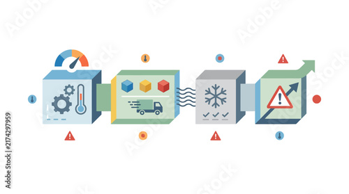 Food Loss & Waste Intelligence & Circular Management conceptual vector illustration showing supply chain stages, temperature control, refrigeration, and risk assessment