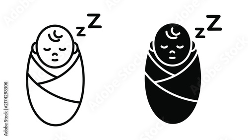 Sleeping newborn baby wrapped in swaddle blanket with Zzz letters vector icon
