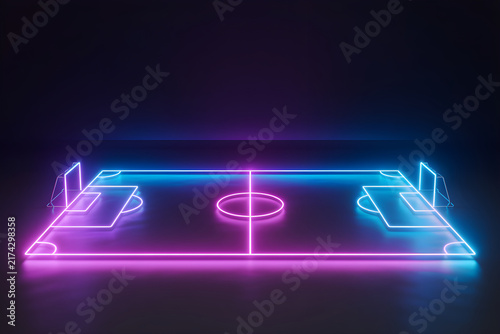 Neon Illuminated Soccer Field Pitch with Glowing Blue and Pink Lights