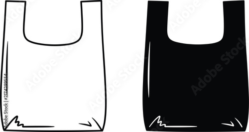 Two simple plastic shopping bag featuring one white outline version and one solid black silhouette version isolated on a plain white background