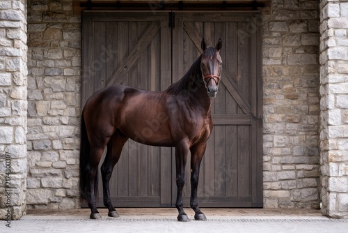 Dark brown horse stands calmly before rustic wooden doors