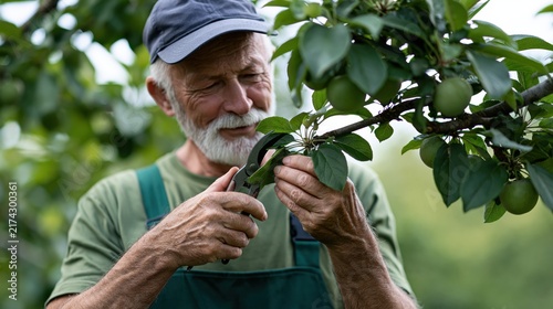 Senior gardener prunes a branch with care