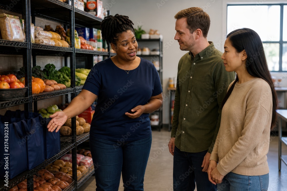 Fototapeta premium College Food Insecurity Support Average Build Guides One Donor Of And One Female Of Past An Organized Produce Shelf The Coordinator Gestures Toward One Reusable Pickup Bag