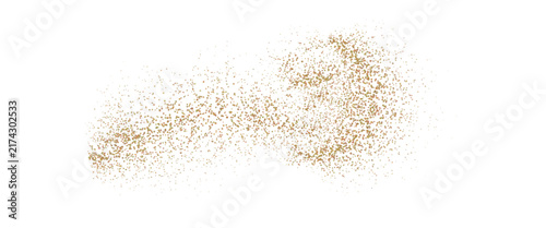 Golden speckled dust cloud scattering horizontally with dense clusters and a fading edge, ideal for sandy sparkle backdrop and light particle design elements