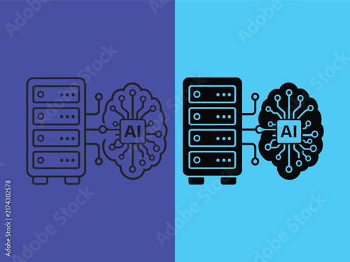 Artificial intelligence server icons showing brain connection to data center storage racks