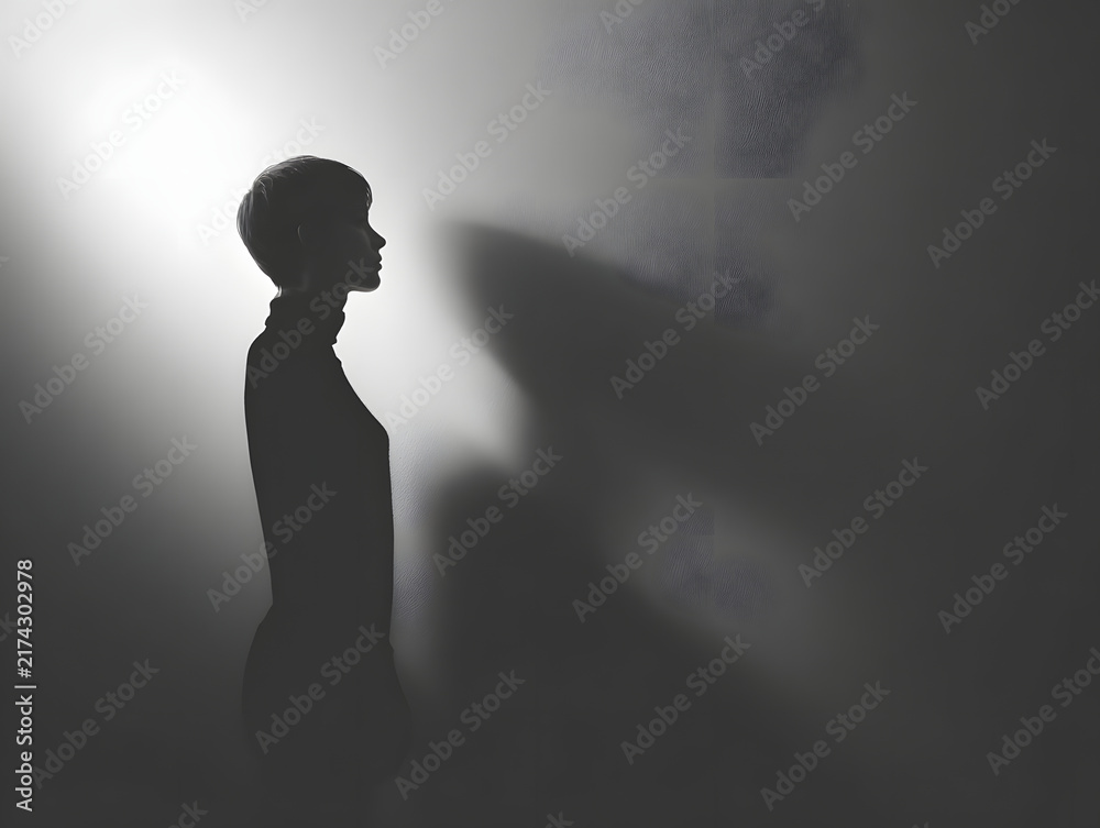 Obraz premium Young woman silhouette profile against minimal shadowed background with faint spirit silhouette ffa, moody monochrome portrait conveying mystery and introspection