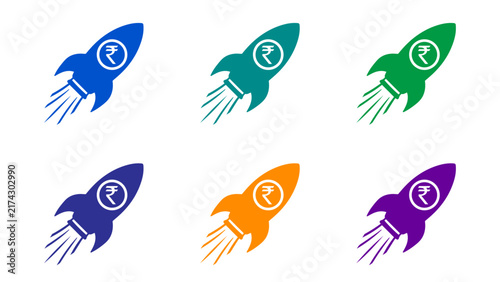 Rupee Rocket Launch Icon Set Startup Growth in Six Colors