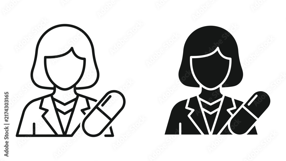 Fototapeta premium Female doctor with medicine pill vector icon in outline and solid black style