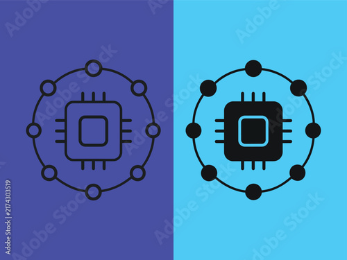 Two variants of digital cpu chip icons with connected network nodes