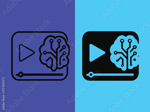 Two video player icons with artificial intelligence brain circuit patterns for digital media and technology design projects