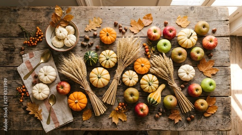 Autumn harvest flat lay with pumpkins, wheat sheaves and fresh apples on rustic wood table perfect for mabon