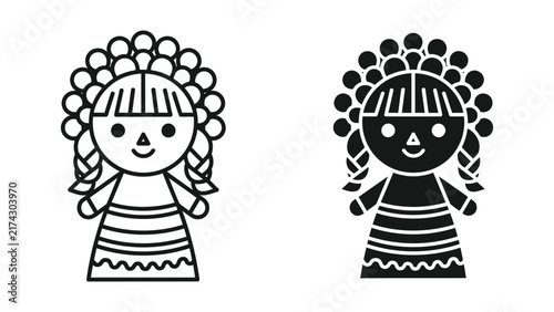 Traditional Mexican doll character vector icon in outline and solid black style
