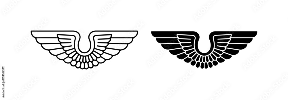 Fototapeta premium Winged Emblems, Heraldic Wings, Aviation Symbols, Black and White Vector Icons