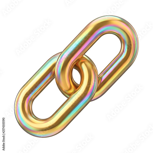 Golden holographic chain link icon with two interlocked loops, glossy iridescent connection design, symbolizing premium hyperlink network and digital integration business concepts