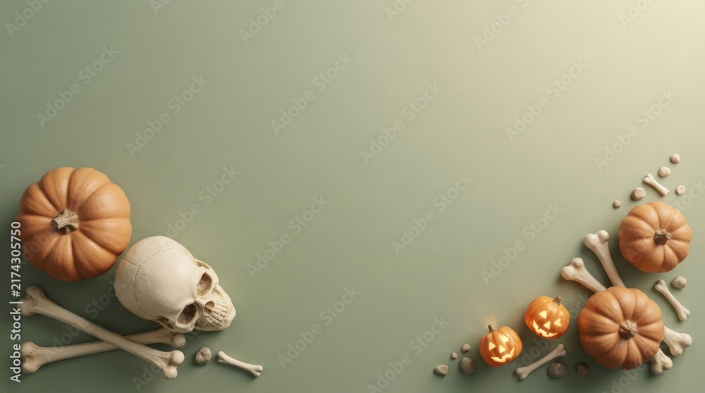 Fototapeta premium Autumn halloween still life with pumpkins and skeletal remains on a muted background