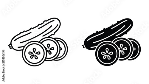 Fresh cucumber vegetable and sliced pieces vector icon set isolated on transparent background