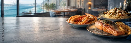 Obraz  z motywem Coastal seafood restaurant banner with salmon shrimp and copy space