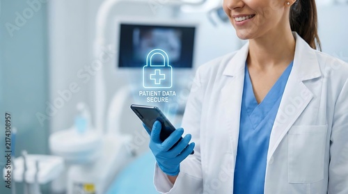 Medical professional holding a smartphone showing a secure patient data protection icon in a clinic. Perfect for healthcare cybersecurity and digital privacy concepts.